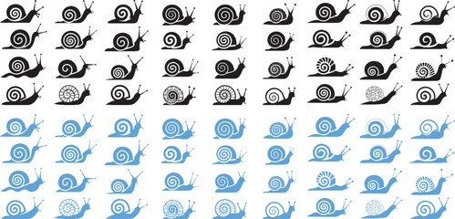 Collection of black and blue snail silhouettes in various poses and shell on a white background © MOHAMMADTORIQUL