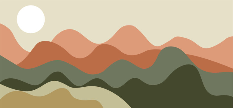 Minimalist abstract landscape with terracotta orange and olive green layered mountains and white sun