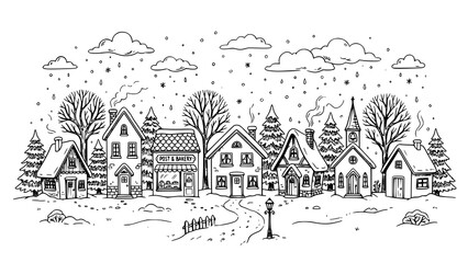 Hand drawn winter village scene with cute houses and falling snow in black and white