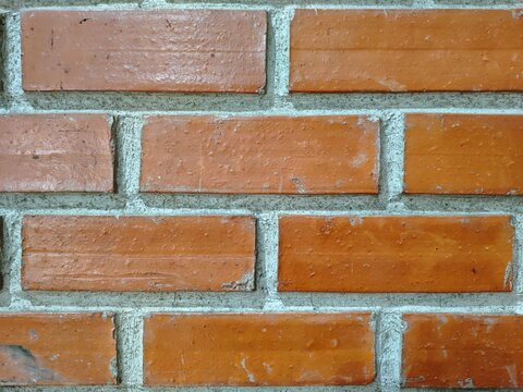 Red Brick Wall Texture Close Up with Cement Mortar, Horizontal Pattern Building Material Background
