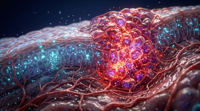 Medical illustration depicting invasive tumor growth within human tissue featuring glowing red malignant cells and surrounding vascular supply malignant oncology