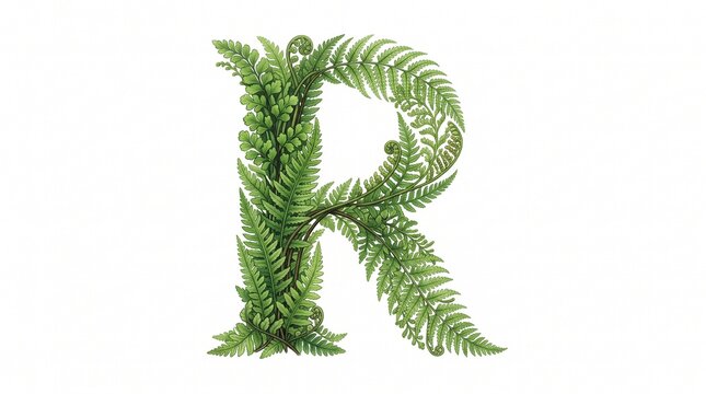 "FOREST FERN LETTER R". 
Detailed botanical illustration of the letter R made entirely from lush green ferns, fronds, and fiddleheads on a white background. The design uses multiple fern varieties wit