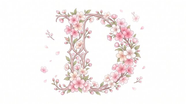 "CHERRY BLOSSOM ORNATE LETTER D". 
Elegant botanical illustration of the letter D formed by delicate sakura branches, pink and white cherry blossoms, buds, and soft green leaves on a white background.