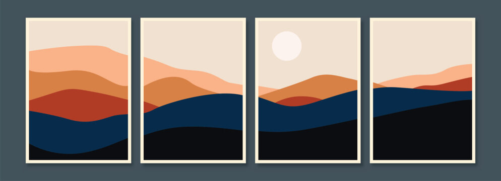 Abstract landscape wall art set, minimalist sunset mountain poster vector illustration