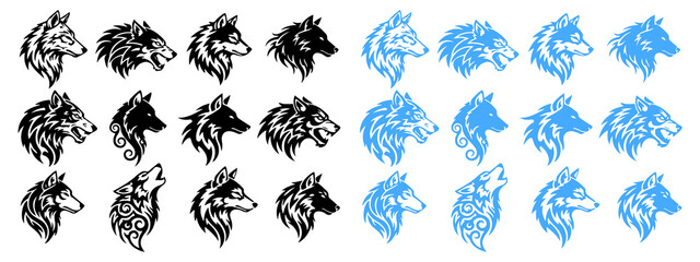 Collection of stylized wolf head in black and blue with tribal and roaring expressions © MOHAMMADTORIQUL