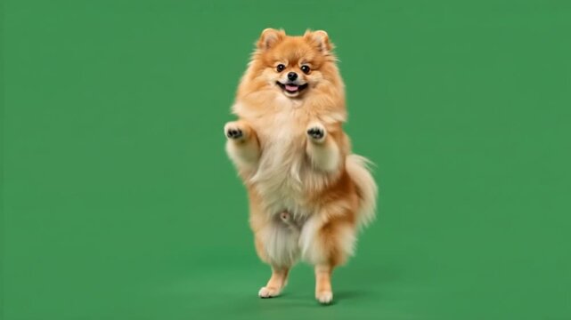 Fluffy Pomeranian dog dancing and waving a paw on hind legs on a green screen background