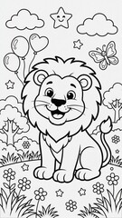 Cute hand-drawn cartoon lion cub holding heart balloons. Adorable vector-style mascot character with cheerful expression in meadow setting.