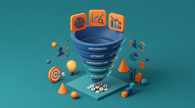 3d marketing funnel concept with customer journey stages and data analytics icons
