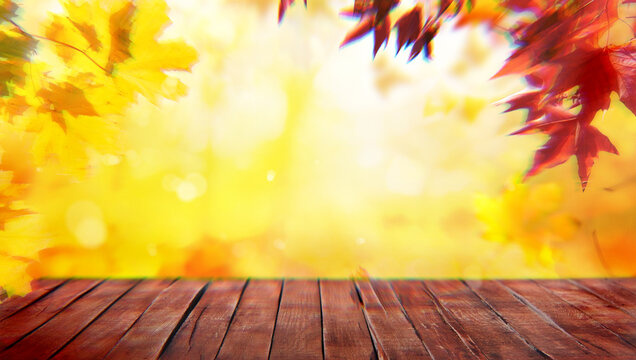 orange fall leaves on wooden floor, autumn natural background with maple trees
