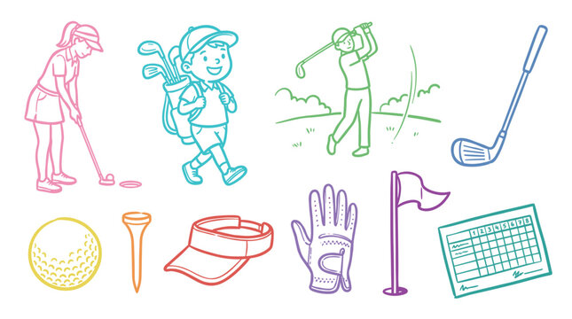 Colorful golf players and equipment doodle illustrations depict various aspects of the popular sport, including players, clubs, balls, and accessories.