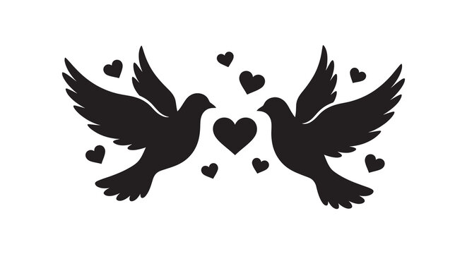Two doves and hearts in black silhouette