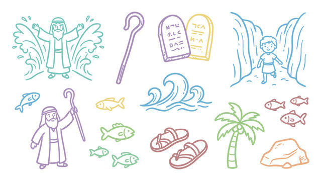 Biblical story elements depicting Moses and the Exodus journey, including the parting of the Red Sea, Ten Commandments, and desert symbols, rendered in a colorful doodle style.
