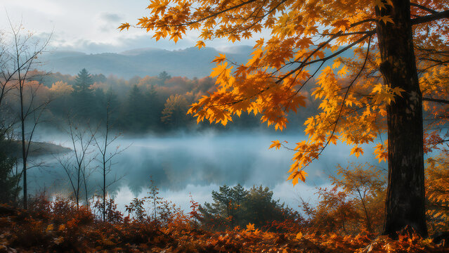 Serene autumn landscape with morning mist over a calm lake and colorful fall foliage