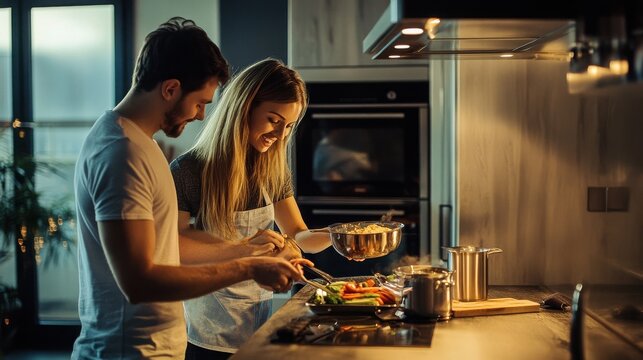 Partners prepare a delicious evening meal in a contemporary kitchen setting with soft indoor lighting.
