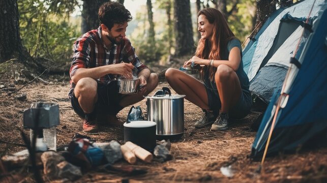 Couple camping in the forest prepares a warm meal on a portable stove outside their blue tent during a sunny outdoor adventure.