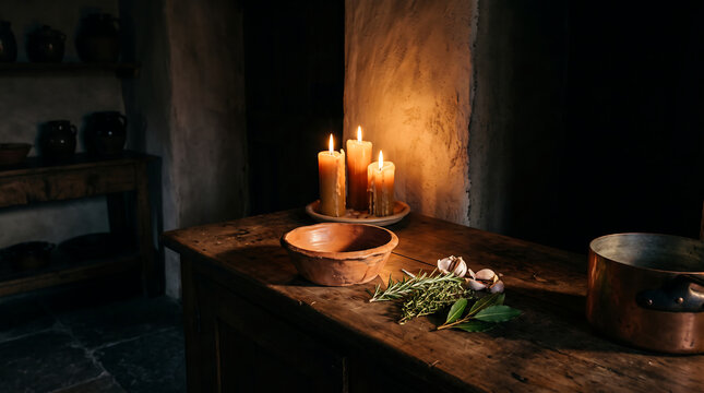 Unusual night kitchen concept, candle-only illumination, intimate circle of light, clay and herb detail, no people, vertical format