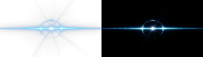 Blue glowing light sphere with horizontal lens flare and radial sunburst rays, abstract energy portal or futuristic technology digital art background for space science, web design and motion graphics © PNG