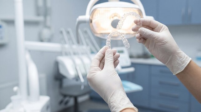 Clear aligner orthodontic tray dentist hands transparent retainer dental clinic showing teeth straightening appliance concept for smile correction marketing patient education and modern orthodontics
