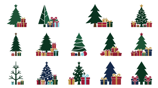 Set of Diverse Christmas Trees with Stacked Festive Gift Boxes for Holiday Season Decoration pC (323)
