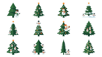 Obraz premium Collection of twelve minimalist vector Christmas trees decorated with cute snowmen festive ornaments and star toppers for holiday season design