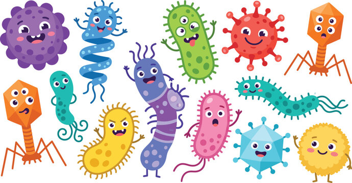 Set of cute cartoon bacteria and virus characters with funny faces isolated on white background for science design