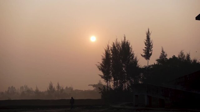 The sun rises on a mild winter morning. A dawn scene in Char Kalatali, Manpura, Bhola district.