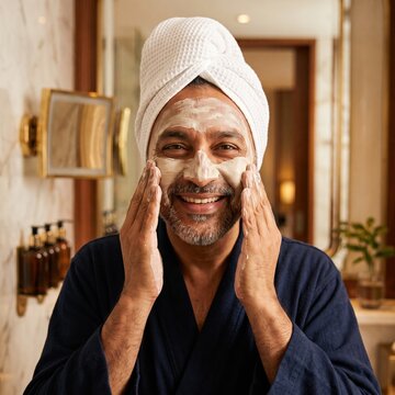 Cheerful man with a towel on his head applies a clay facial mask with both hands, smiling in an elegant bathroom setting. Self care morning spa procedure