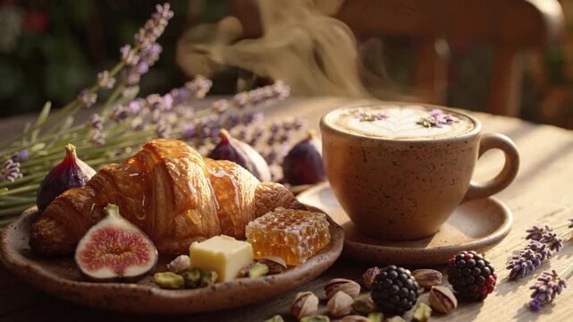 Pouring honey on fresh croissant served with latte coffee, figs, and honeycomb in morning sun