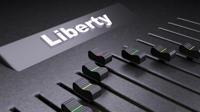 Liberty concept on audio mixer fader, metaphorical control of freedom and rights, professional soundboard sliders moving to maximize liberty