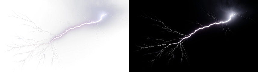 Bright lightning bolt striking across a dark night sky, dramatic electrical discharge with vivid glowing plasma branches, high contrast weather photograph for climate science, storm concept, or power © PNG