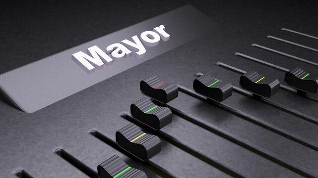 Mayor label on professional audio mixer, conceptual fader control for political influence, sound board sliders for election management and power