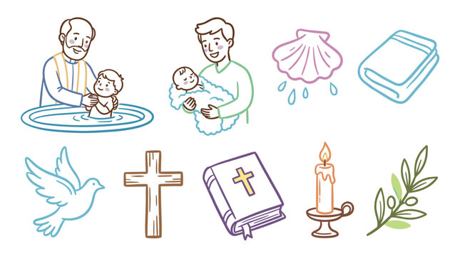 Christian baptism symbols and ceremony elements are beautifully illustrated as colorful line art icons, perfect for religious themes.