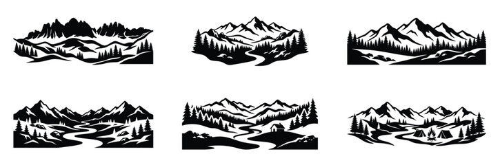 Fototapeta premium Majestic mountain ranges with winding rivers and pine forests, evoking adventure and nature's beauty.