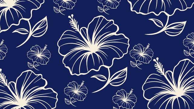 Seamless Hawaiian Hibiscus Flower Line Art Pattern on Blue Background.