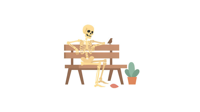 Skeleton sitting on park bench with small bird, human anatomy character in outdoor setting, waiting concept illustration on white background