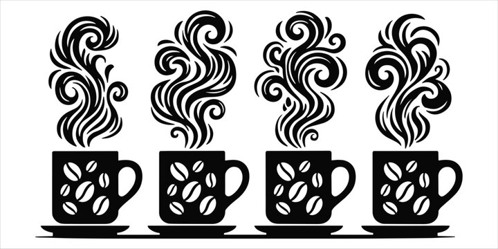 Four Black Coffee Cups with Steam and Coffee Beans on White Background Keywords: coffee, cup, mug, hot drink, beverage, steam