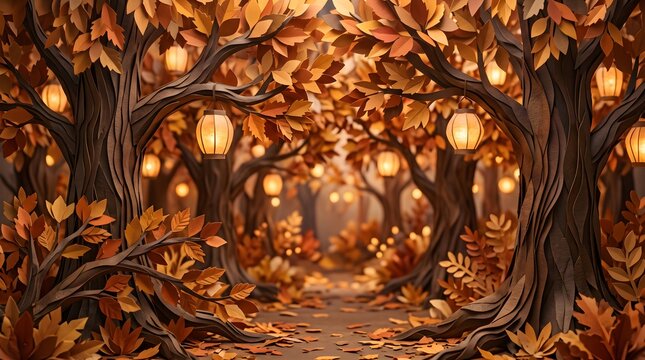 Ultra Realistic Luxury Paper Art Forest Background with Giant Handcrafted Trees, Glowing Lanterns and Warm Autumn Colors