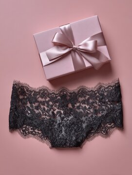Black lace lingerie and pink gift box with ribbon, luxury present