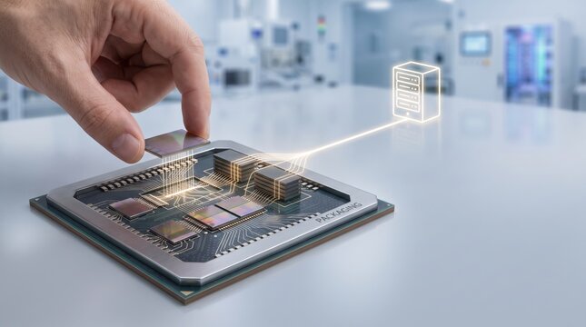 AI Upstream Broadening - A human hand places the final chiplet onto an advanced microchip package, completing connections for AI server activation.