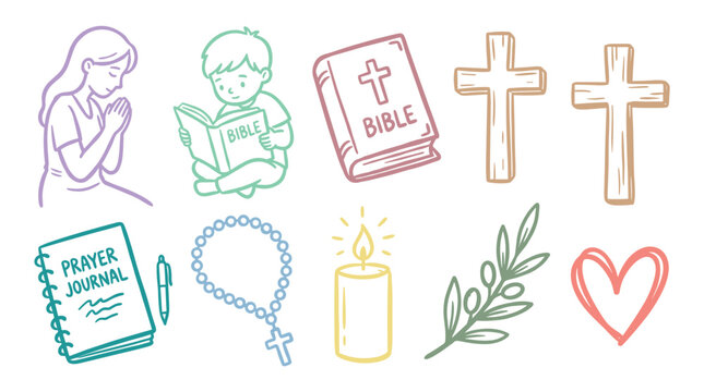 This collection of Christian religious symbols and spiritual elements features prayer, Bible, cross, rosary, and candle in a charming doodle style.