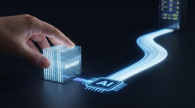 AI Upstream Broadening - A human hand moves a memory stack near an AI chip, increasing data bandwidth and boosting artificial intelligence processing capabilities.