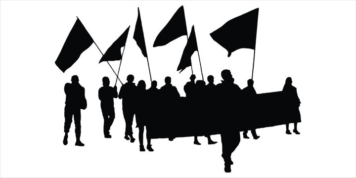Silhouette of a Protest March with Flags and Banner illustration vector