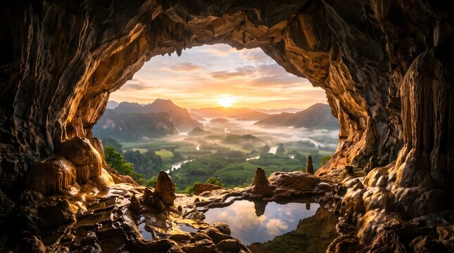 Majestic Cave Entrance Overlooking Mountain Valley at Sunrise with Golden Rock Formations