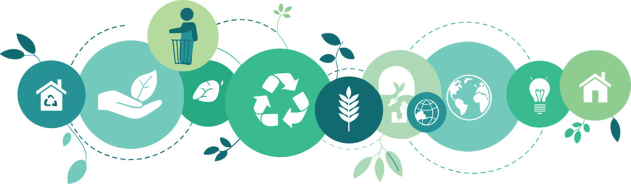 Eco-friendly icons in circles with green and teal color palette and dashed lines Keywords: eco, environment, sustainability