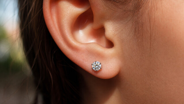 Solitaire Diamond 6 Prong Earring Closeup on Women Ear 