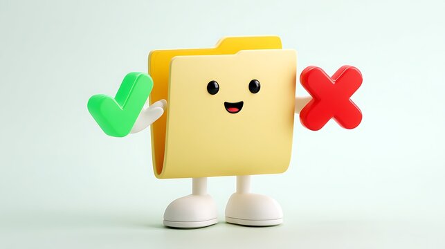 Yellow Folder Character Holding Checkmark and Cross Symbols Concept