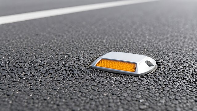 A close up view of a reflective yellow road marker on dark asphalt highway pavement