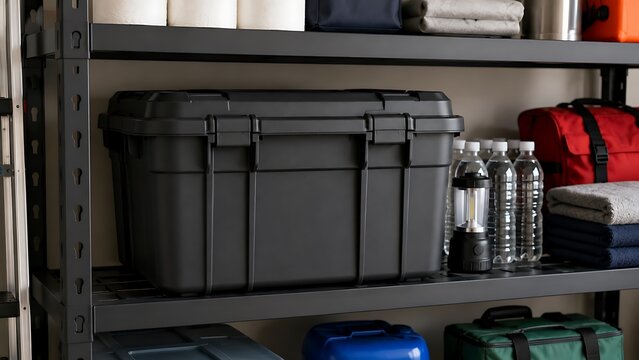 A large black plastic storage container sitting on a metal shelf in a garage storage area