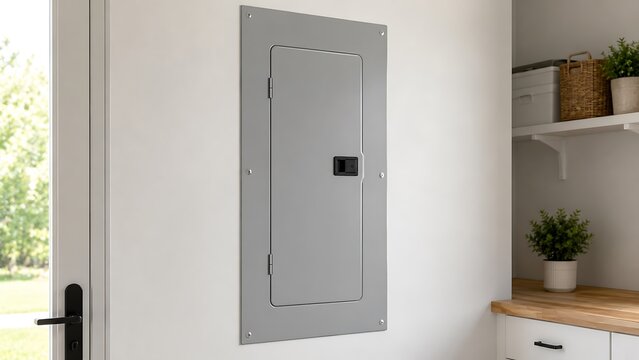 Modern residential electrical breaker panel installed on a white wall in a home interior setting
