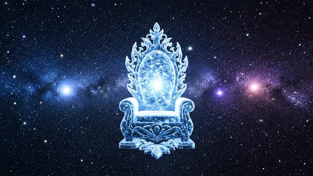A glowing ice throne floating in deep space against a starry galaxy background.